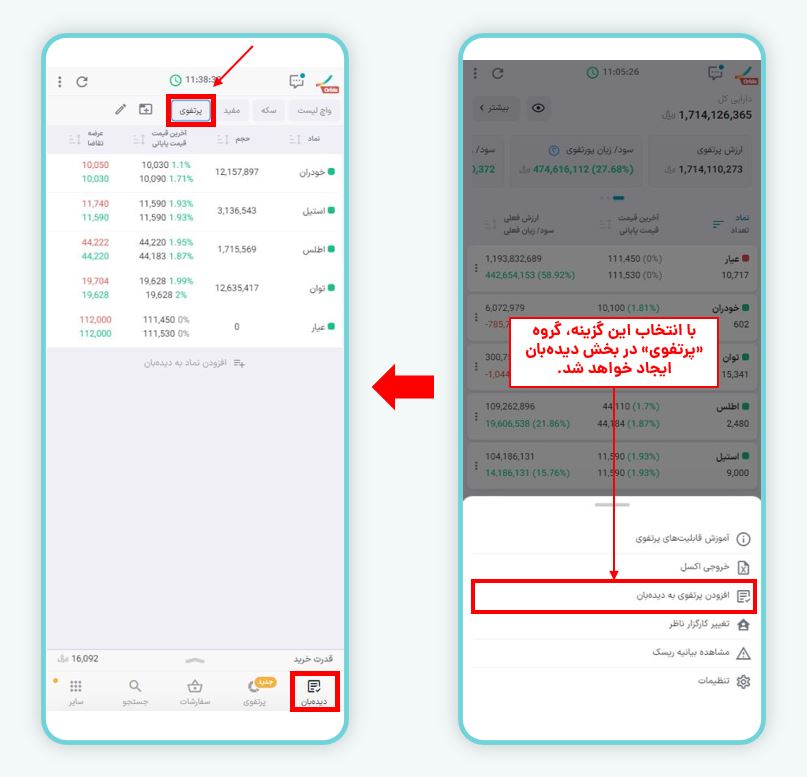 افزودن پرتفوی به دیده‌بان