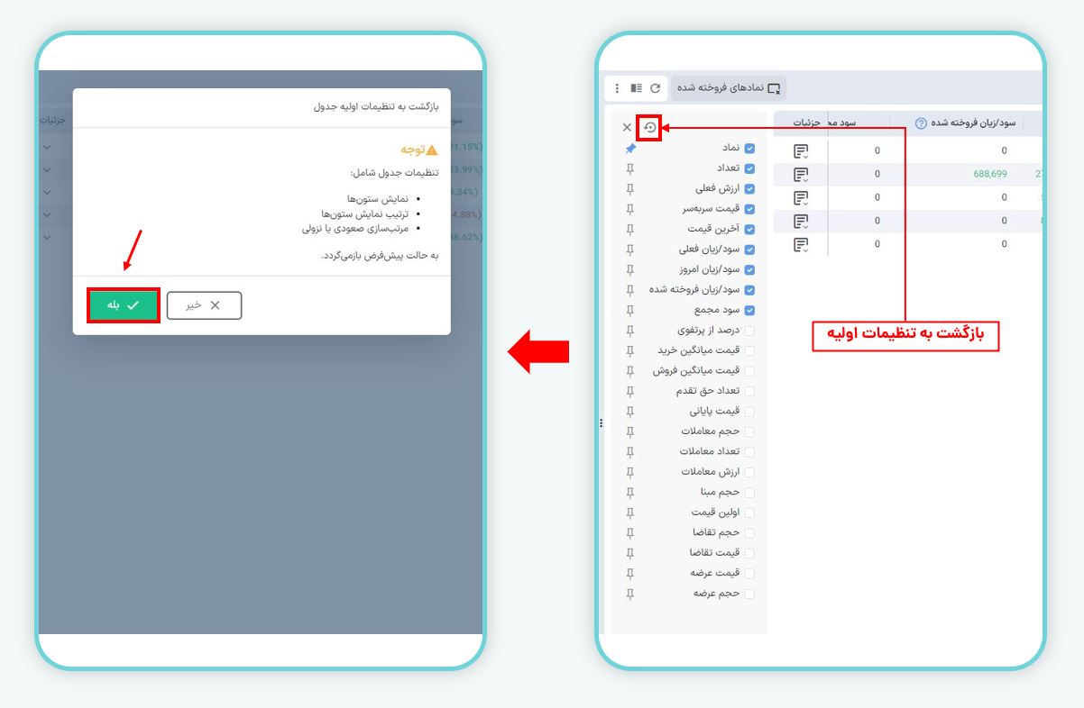 بازگشت به تنظیمات اولیه جدول