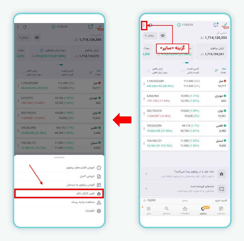 ورود به بخش تغییر کارگزار ناظر از طریق بخش سایر پرتفوی