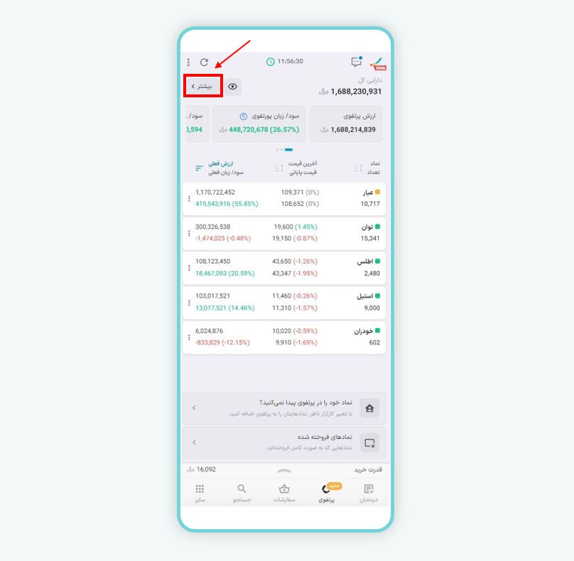 مشاهده داشبورد اطلاعات بیشتر پرتفوی ایزی تریدر (نسخه موبایل)